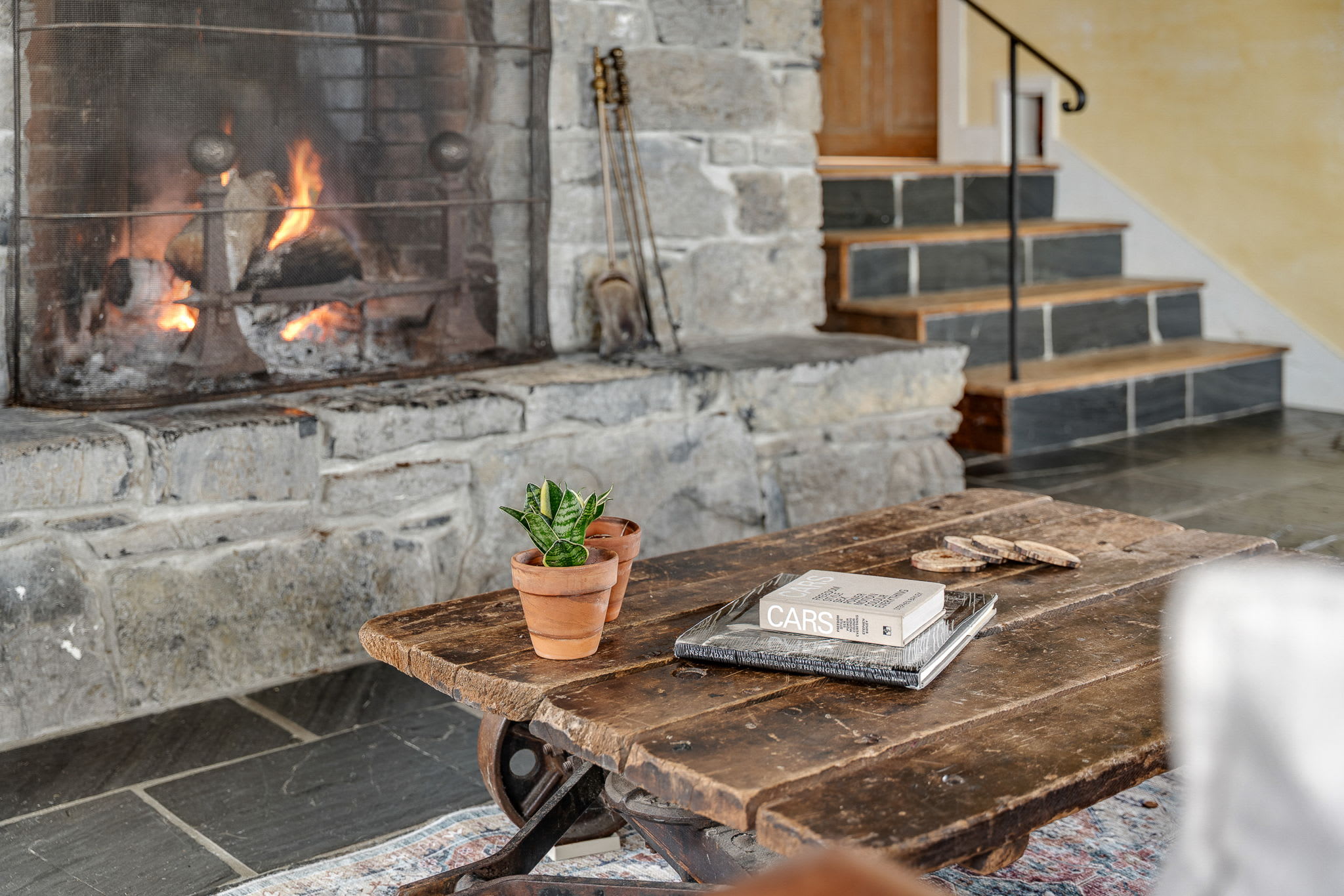 Farm House great room stone fireplace